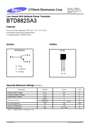 BTD882SA3 Datasheet PDF Cystech Electonics Corp.