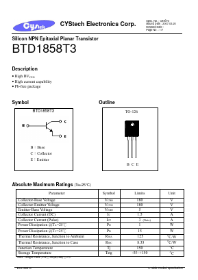 BTD1858T3 Datasheet PDF Cystech Electonics Corp.