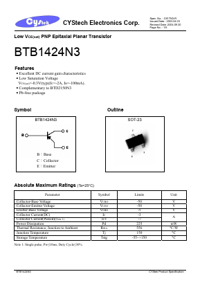 BTB1424N3 Datasheet PDF Cystech Electonics Corp.