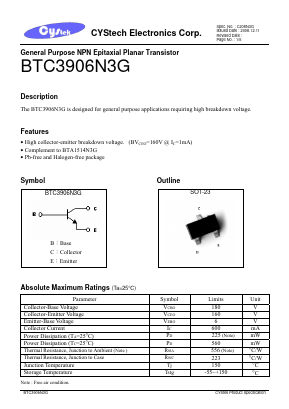 BTC3906N3G Datasheet PDF Cystech Electonics Corp.