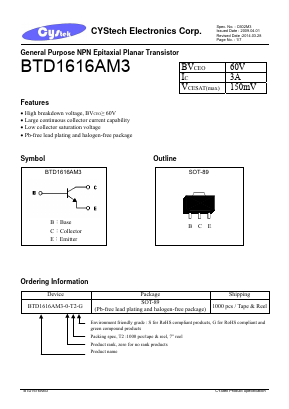 BTD1616AM3-0-T2-G Datasheet PDF Cystech Electonics Corp.