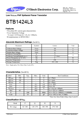 BTB1424L3 Datasheet PDF Cystech Electonics Corp.