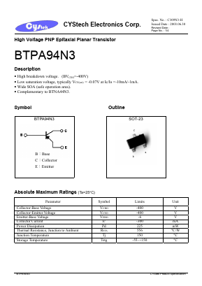 BTPA94N3 Datasheet PDF Cystech Electonics Corp.