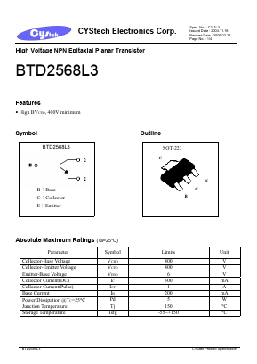 BTD2568L3 Datasheet PDF Cystech Electonics Corp.