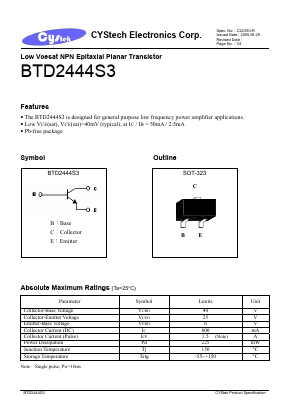 BTD2444S3 Datasheet PDF Cystech Electonics Corp.