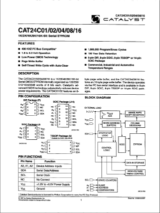 CAT24C01P-1.8TE7 Datasheet PDF Catalyst Semiconductor => Onsemi