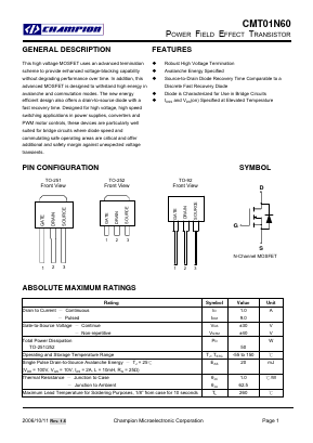 CMT01N60 Datasheet PDF Champion Microelectronic
