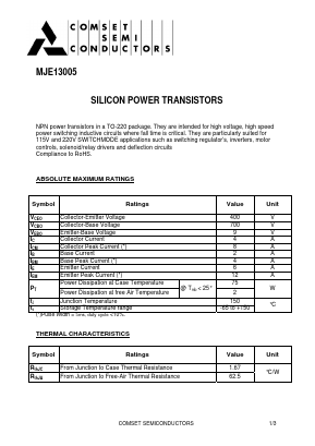 MJE13005 Datasheet PDF Comset Semiconductors