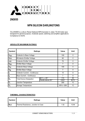 2N3055 Datasheet PDF Comset Semiconductors