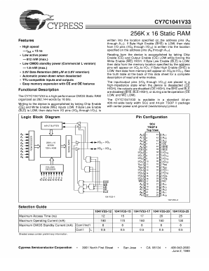 CY7C1041V33 Datasheet PDF Cypress Semiconductor