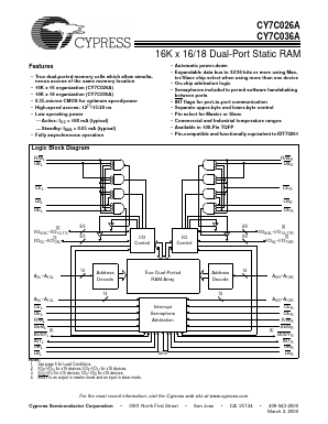 CY7C036A-15AI Datasheet PDF Cypress Semiconductor