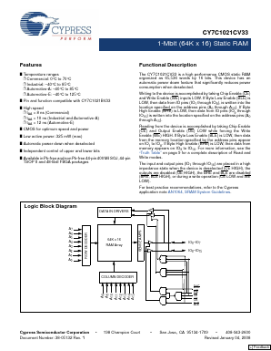 CY7C1021CV33-10ZSXA Datasheet PDF Cypress Semiconductor