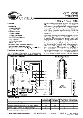 CY7C109V33 Datasheet PDF Cypress Semiconductor