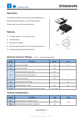 STD80N4F6 Datasheet PDF SHENZHEN DOINGTER SEMICONDUCTOR CO., LTD.