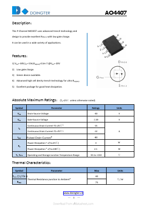 AO4407 Datasheet PDF SHENZHEN DOINGTER SEMICONDUCTOR CO., LTD.