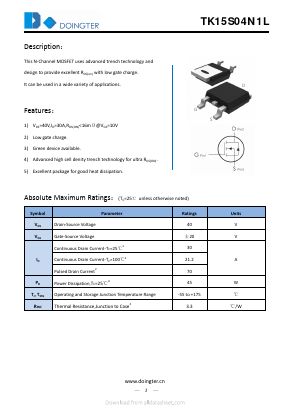 TK15S04N1L Datasheet PDF SHENZHEN DOINGTER SEMICONDUCTOR CO., LTD.