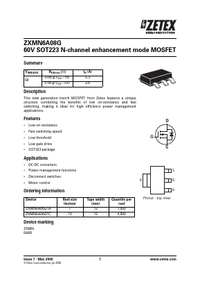 ZXMN6A08GTC Datasheet PDF Diodes Incorporated.