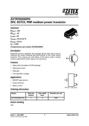 ZXTP25020DFH Datasheet PDF Diodes Incorporated.