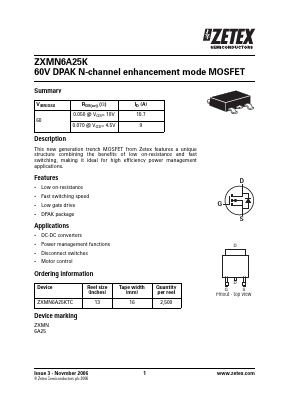 ZXMN6A25K Datasheet PDF Diodes Incorporated.