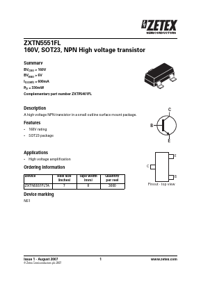 ZXTN5551FLTA Datasheet PDF Diodes Incorporated.