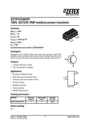 ZXTP19100CFF Datasheet PDF Diodes Incorporated.