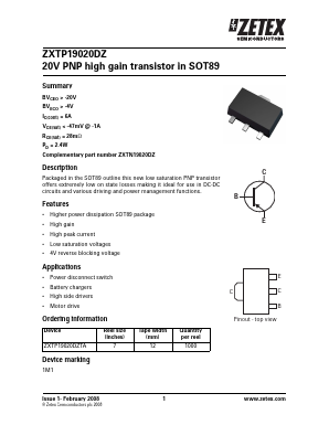 ZXTP19020DZTA Datasheet PDF Diodes Incorporated.