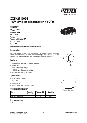 ZXTN25100DZTA Datasheet PDF Diodes Incorporated.