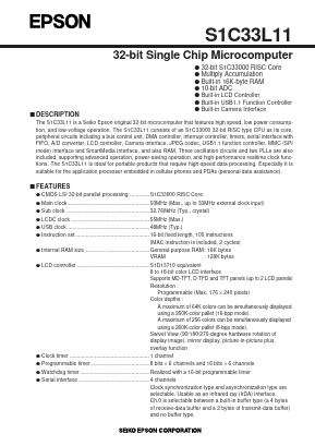 S1C33L11 Datasheet PDF Seiko Epson Corp