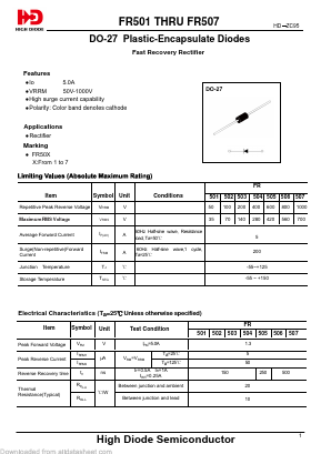 FR501 Datasheet PDF Jiangsu High diode Semiconductor Co., Ltd