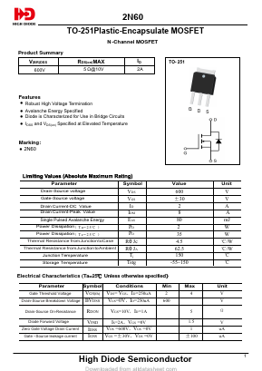 2N60 Datasheet PDF Jiangsu High diode Semiconductor Co., Ltd