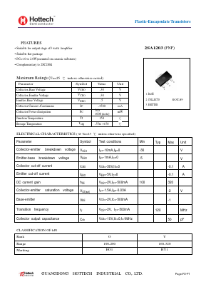 2SA1203 Datasheet PDF GUANGDONG HOTTECH INDUSTRIAL CO.,LTD.