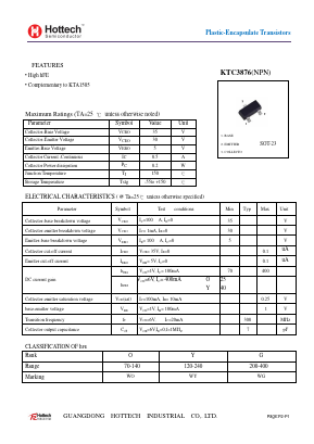KTC3876 Datasheet PDF GUANGDONG HOTTECH INDUSTRIAL CO.,LTD.