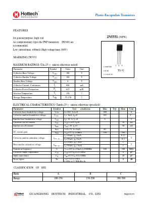 2N5551 Datasheet PDF GUANGDONG HOTTECH INDUSTRIAL CO.,LTD.