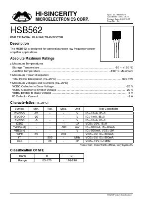 HSB562 Datasheet PDF Hi-Sincerity Mocroelectronics