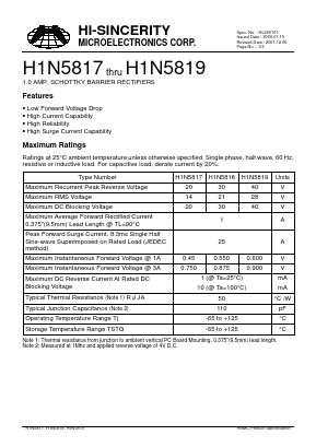 H1N5817 Datasheet PDF Hi-Sincerity Mocroelectronics