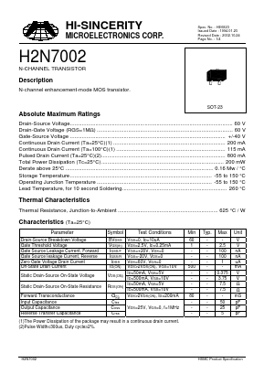 H2N7002 Datasheet PDF Hi-Sincerity Mocroelectronics