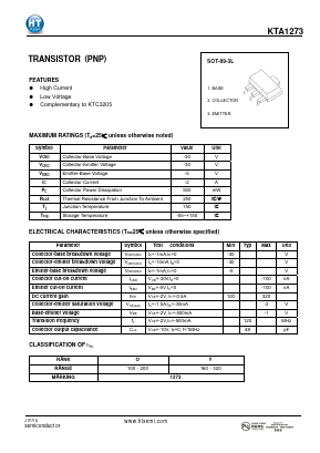 KTA1273 Datasheet PDF Shenzhen Jin Yu Semiconductor Co., Ltd. 