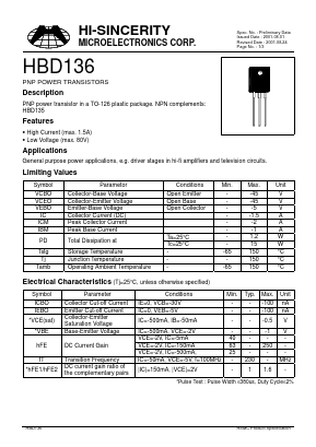 HBD136 Datasheet PDF Hi-Sincerity Microelectronics