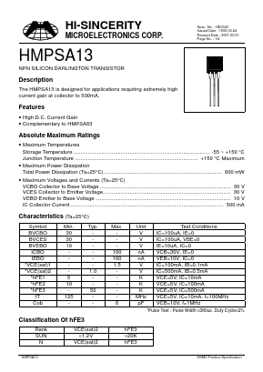 HMPSA13 Datasheet PDF Hi-Sincerity Microelectronics