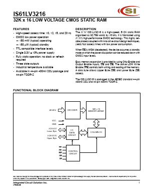 IS61LV3216-10T Datasheet PDF Integrated Circuit Solution Inc