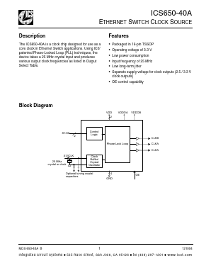 ICS650G-40AT Datasheet PDF Integrated Circuit Systems