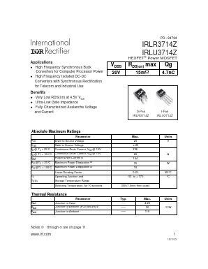 IRLR3714ZTRL Datasheet PDF International Rectifier