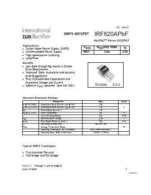 IRF820APBF Datasheet PDF International Rectifier