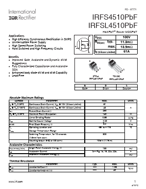 IRFSL4510PBF Datasheet PDF International Rectifier