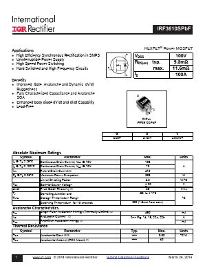 IRF3610STRLPBF Datasheet PDF International Rectifier