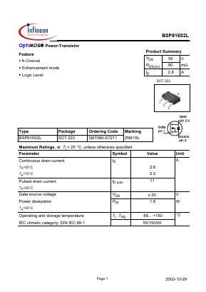 BSP615S2L Datasheet PDF Infineon Technologies