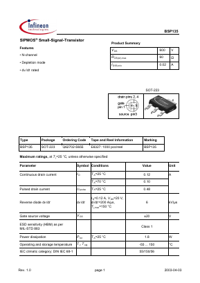 BSP135 Datasheet PDF Infineon Technologies