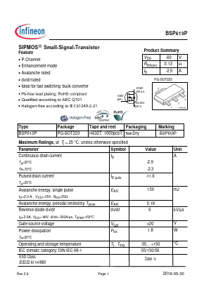 BSP613P Datasheet PDF Infineon Technologies