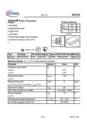 BSP324 Datasheet PDF Infineon Technologies