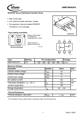 SMBT3904UPN Datasheet PDF Infineon Technologies